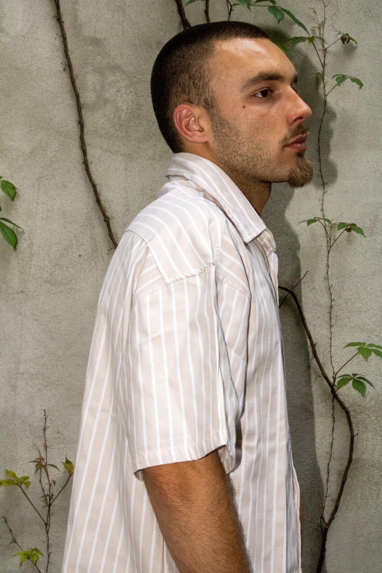 Camisa manga curta às riscas bege